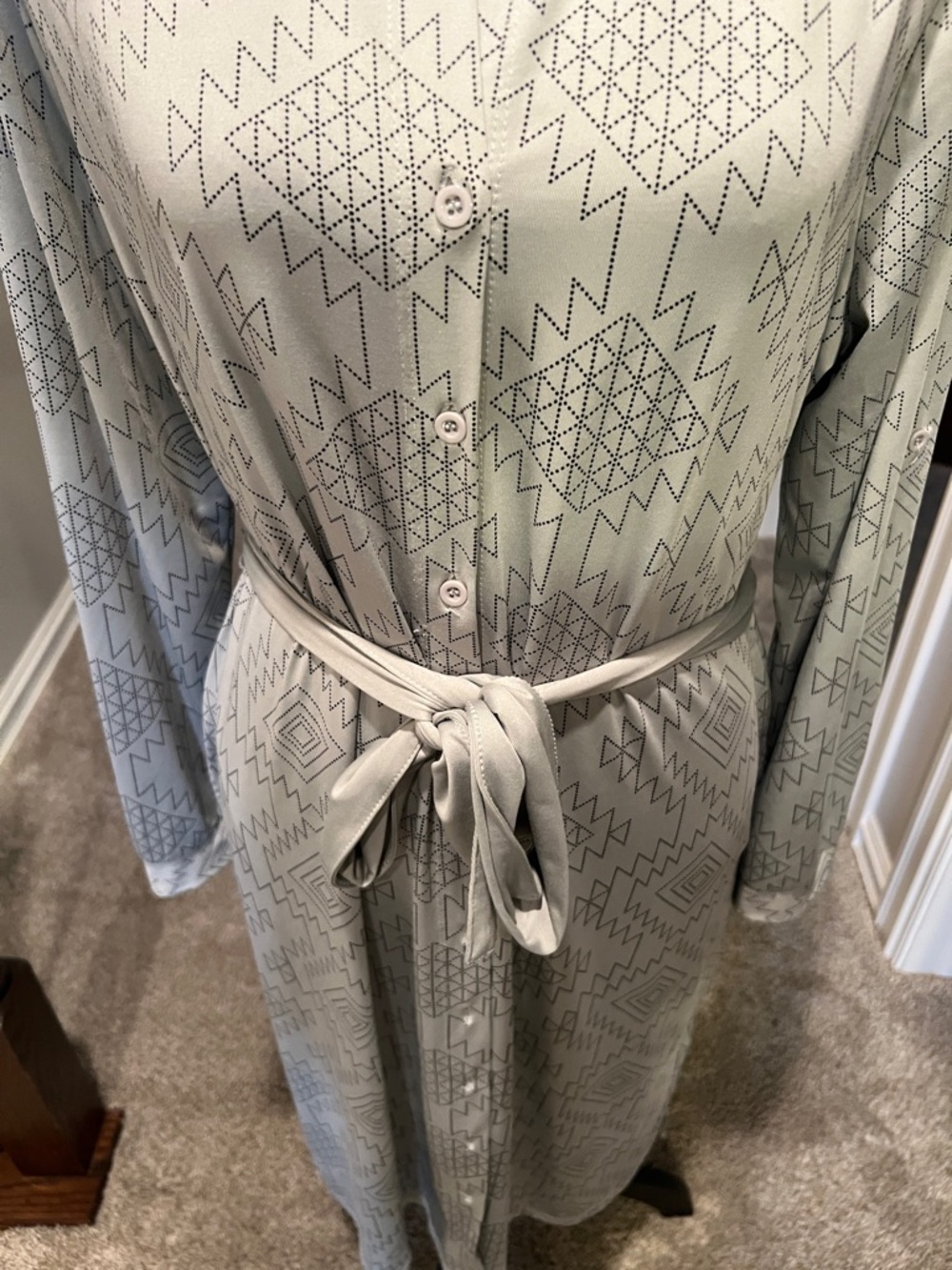 LuLaRoe Light Green Aztec Shirt Dress with Self Tie - Picture 3 of 10